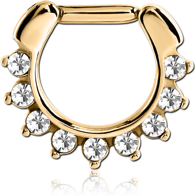 GOLD PVD 18K COATED SURGICAL STEEL ROUND JEWELLED HINGED SEPTUM CLICKER