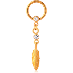 GOLD PVD COATED SURGICAL STEEL JEWELLED BALL CLOSURE RING WITH JEWELLED FEATHER CHARM