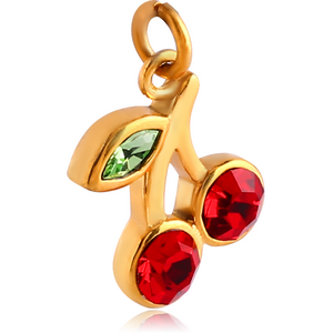 GOLD PVD COATED BRASS JEWELLED CHARM - CHERRIES