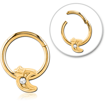 GOLD PVD COATED SURGICAL STEEL JEWELLED HINGED SEGMENT RING - CRESCENT AND STAR