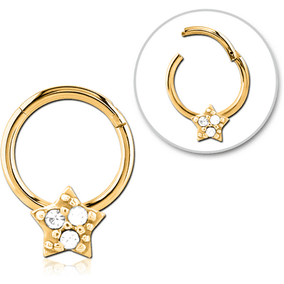 GOLD PVD COATED SURGICAL STEEL JEWELLED HINGED SEGMENT RING - STAR PRONGS