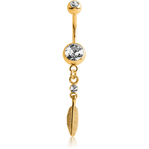 GOLD PVD COATED SURGICAL STEEL DOUBLE JEWELLED NAVEL BANANA WITH FEATHER CHARM