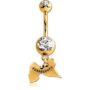 GOLD PVD COATED SURGICAL STEEL DOUBLE JEWELLED NAVEL BANANA WITH CHARM