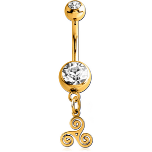 GOLD PVD COATED SURGICAL STEEL DOUBLE JEWELLED NAVEL BANANA WITH CHARM