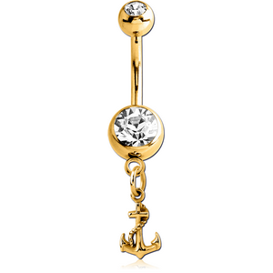 GOLD PVD COATED SURGICAL STEEL DOUBLE JEWELLED NAVEL BANANA WITH CHARM - ANCHOR