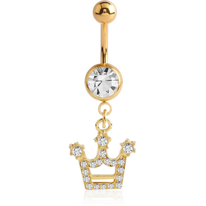 GOLD PVD COATED SURGICAL STEEL JEWELLED NAVEL BANANA WITH JEWELLED CROWN CHARM