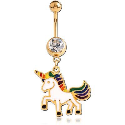 GOLD PVD COATED SURGICAL STEEL JEWELLED NAVEL BANANA WITH CHARM - UNICORN