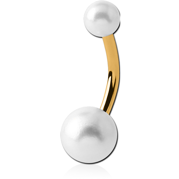 GOLD PVD COATED SURGICAL STEEL DOUBLE SYNTHETIC PEARL BALL NAVEL BANANA