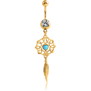 GOLD PVD COATED SURGICAL STEEL JEWELLED NAVEL BANANA WITH DANGLING CHARM - DREAMCATCHER FEATHER