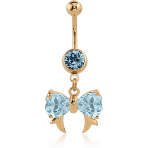 GOLD PVD COATED SURGICAL STEEL JEWELLED NAVEL BANANA WITH DANGLING CHARM - BOW WITH FANGS