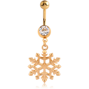 GOLD PVD COATED SURGICAL STEEL JEWELLED NAVEL BANANA WITH DANGLING CHARM - SNOWFLAKE