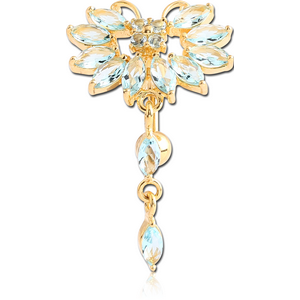 GOLD PVD COATED BRASS JEWELLED BUTTERFLY REVERSE NAVEL BANANA WITH DANGLING CHARM - PEAR