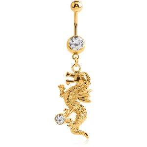 GOLD PVD COATED SURGICAL STEEL JEWELLED NAVEL BANANA WITH DANGLING CHARM - DRAGON