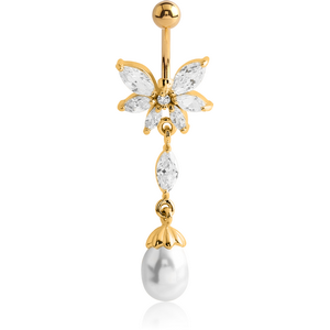GOLD PVD COATED BRASS JEWELLED BUTTERFLY NAVEL BANANA WITH DANGLING CHARM - SYNTHETIC PEARL