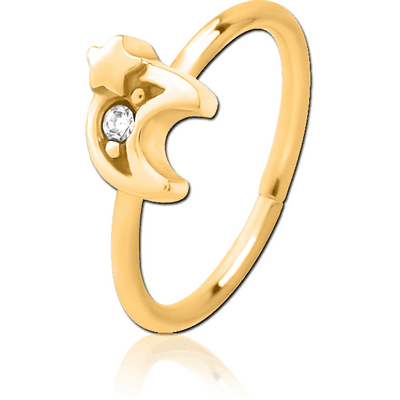 GOLD PVD COATED SURGICAL STEEL JEWELLED SEAMLESS RING - CRESCENT AND STAR