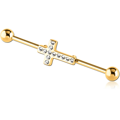 GOLD PVD COATED SURGICAL STEEL INDUSTRIAL BARBELL WITH JEWELLED - CROSS