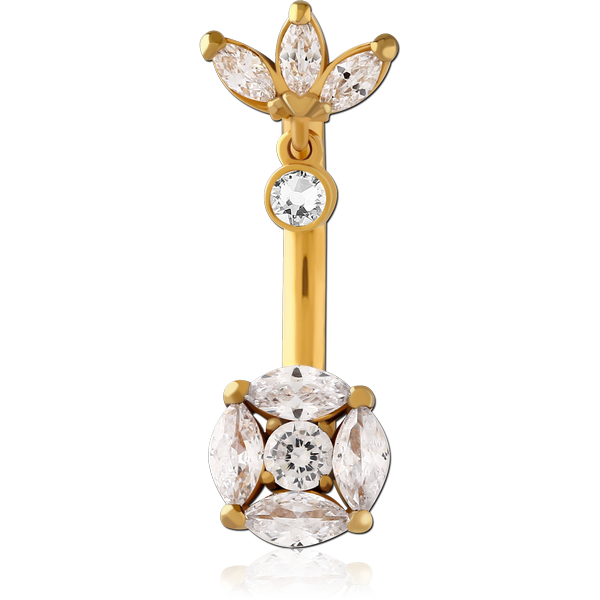 GOLD PVD COATED SURGICAL STEEL INTERNALLY THREADED DOUBLE JEWELLED NAVEL BANANA