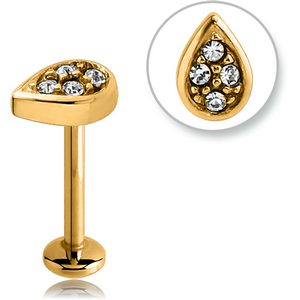 GOLD PVD COATED SURGICAL STEEL INTERNALLY THREADED JEWELLED MICRO LABRET - TEAR DROP