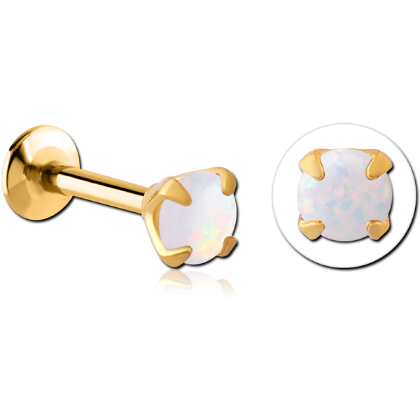 GOLD PVD COATED SURGICAL STEEL INTERNALLY THREADED MICRO LABRET WITH PRONG SET ROUND SYNTHETIC OPAL ATTACHMENT