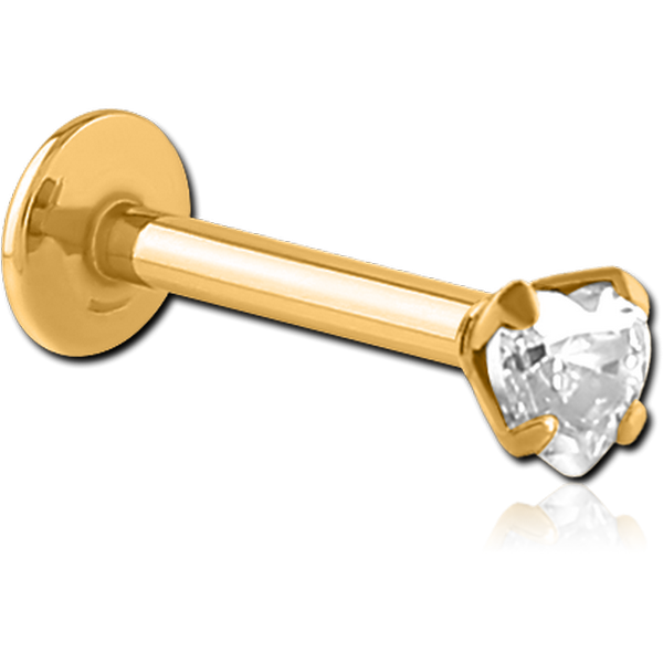 GOLD PVD COATED SURGICAL STEEL INTERNALLY THREADED HEART PRONG SET JEWELLED MICRO LABRET