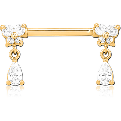 GOLD PVD COATED SURGICAL STEEL NIPPLE PIERCING INTERNAL THREADED BAR WITH MOVING CHARM FINE JEWELLED