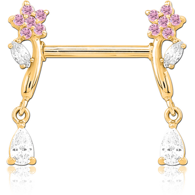 GOLD PVD COATED SURGICAL STEEL NIPPLE PIERCING INTERNAL THREADED BAR WITH MOVING CHARM FINE JEWELLED