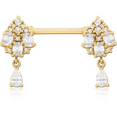 GOLD PVD COATED SURGICAL STEEL NIPPLE PIERCING INTERNAL THREADED BAR WITH MOVING CHARM FINE JEWELLED