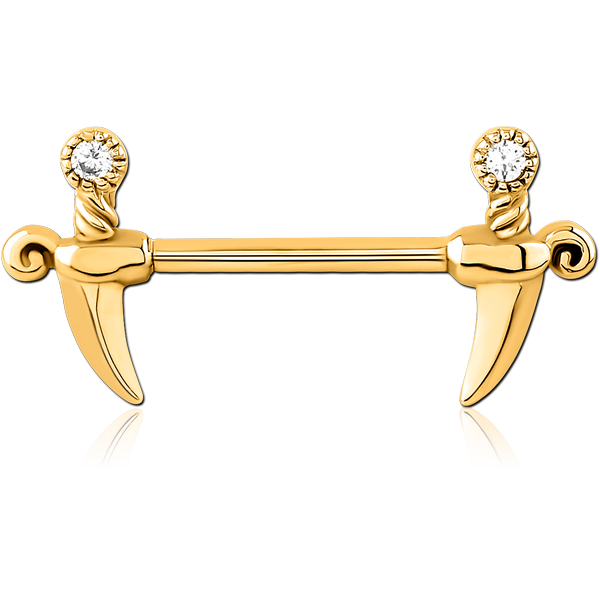 GOLD PVD COATED SURGICAL STEEL NIPPLE PIERCING INTERNAL THREADED BAR WITH MOVING CHARM FINE JEWELLED