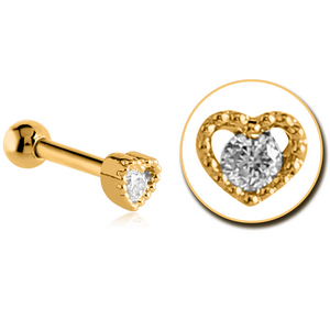 GOLD PVD COATED SURGICAL STEEL JEWELLED TRAGUS MICRO BARBELL - HEART