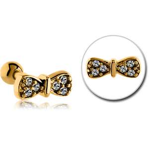 GOLD PVD COATED SURGICAL STEEL JEWELLED TRAGUS MICRO BARBELL - BOW