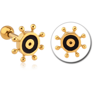 GOLD PVD COATED SURGICAL STEEL TRAGUS MICRO BARBELL WITH ENAMEL - SHIP WHEEL