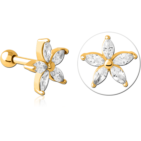GOLD PVD COATED SURGICAL STEEL JEWELLED TRAGUS MICRO BARBELL - FLOWER