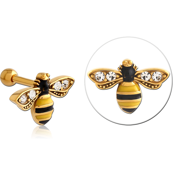 GOLD PVD COATED SURGICAL STEEL JEWELLED TRAGUS MICRO BARBELL - BEE