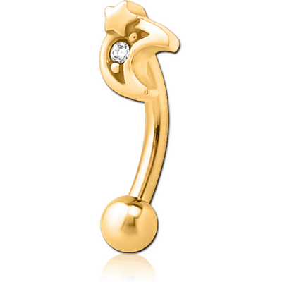 GOLD PVD COATED SURGICAL STEEL JEWELLED FANCY CURVED MICRO BARBELL - CRESCENT AND STAR