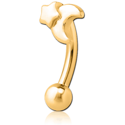 GOLD PVD COATED SURGICAL STEEL FANCY CURVED MICRO BARBELL - CRESCENT AND STAR