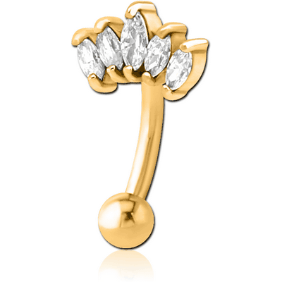 GOLD PVD COATED SURGICAL STEEL JEWELLED FANCY CURVED MICRO BARBELL - FIVE GEMS