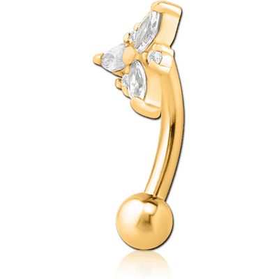 GOLD PVD COATED SURGICAL STEEL JEWELLED FANCY CURVED MICRO BARBELL - TRINITY