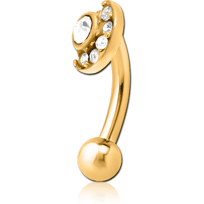 GOLD PVD COATED SURGICAL STEEL JEWELLED FANCY CURVED MICRO BARBELL - MOON AND STARS