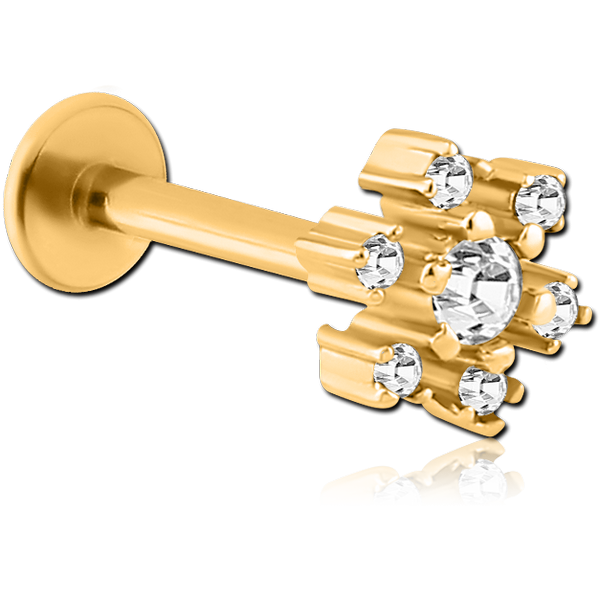 GOLD PVD COATED SURGICAL STEEL MICRO LABRET WITH JEWELLED ATTACHMENT - FLOWER