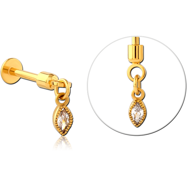 GOLD PVD COATED SURGICAL STEEL TRAGUS MICRO LABRET WITH JEWELLED CHARM