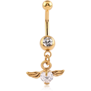 GOLD PVD COATED SURGICAL STEEL JEWELLED MINI NAVEL BANANA WITH WINGS HEART CHARM