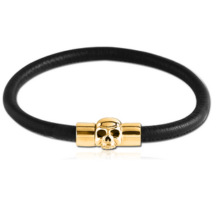 GOLD PVD COATED SURGICAL STEEL BRACELET WITH SOFT LEATHER - SKULL