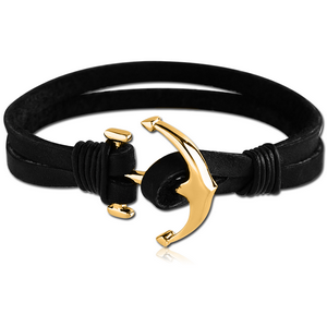 GOLD PVD COATED SURGICAL STEEL BRACELET WITH LEATHER - ANCHOR