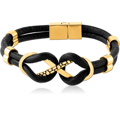 GOLD PVD COATED SURGICAL STEEL BRACELET WITH LEATHER