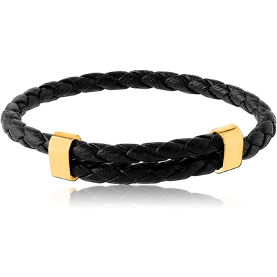 GOLD PVD COATED SURGICAL STEEL BRACELET WITH LEATHER