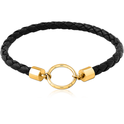GOLD PVD COATED SURGICAL STEEL BRACELET WITH LEATHER