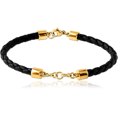 GOLD PVD COATED SURGICAL STEEL BRACELET WITH LEATHER