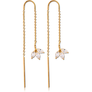 GOLD PVD COATED SURGICAL STEEL CHAIN JEWELLED EARRINGS PAIR - LEAF