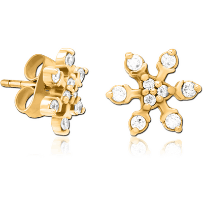GOLD PVD COATED SURGICAL STEEL JEWELLED EAR STUDS PAIR - SNOWFLAKE