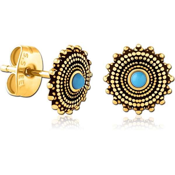 GOLD PVD COATED SURGICAL STEEL JEWELLED EAR STUDS PAIR